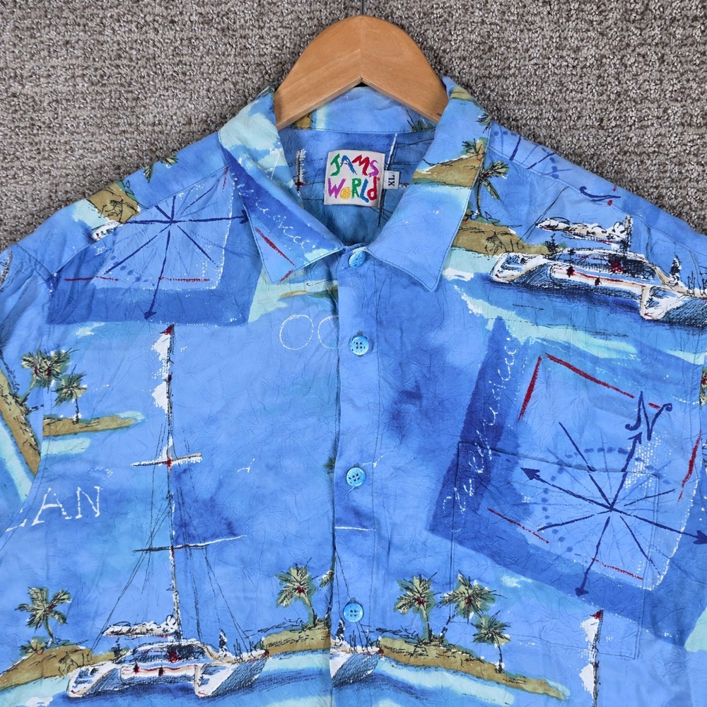 Jams World Catamaran Nautical Rayon Shirt XL Blue Sailboat Compass M630RE-CATA